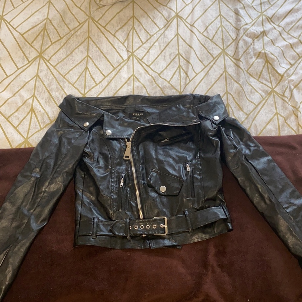 Off the shoulder motorcycle leather jacket
